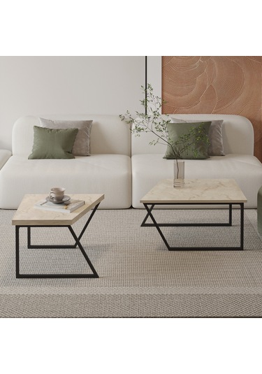 Verona İkili Orta Sehpa Modern Tasarım Metal Ayaklı Sehpa Seti Traverten