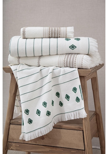 Ecocotton İmre Bej-yeşil "m-l" %100 Organik Pamuk Müslin Jakarlı Aile Bornoz Seti Bej - Yeşil