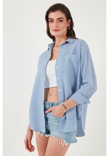 Lela Regular Fit Uzun Kollu Cepli Çizgili Bayan Gömlek 6772895 Indigo