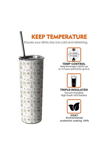 20oz Noel Desenli Paslanmaz Çelik Termos, Kapak Ve Pipetli, Çift Katlı Noel Ağacı Metni