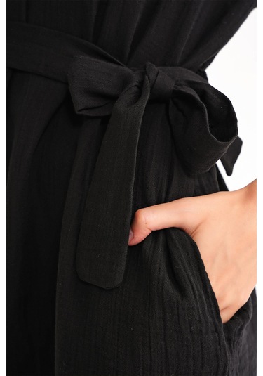 4720 Kadın Pile Detaylı Bağlamalı V Yaka Müslin Elbise Siyah Siyah