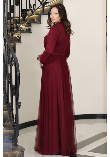 Alia Şık Taş Detaylı Büyük Beden Tesettür Abiye - Alya Bordo