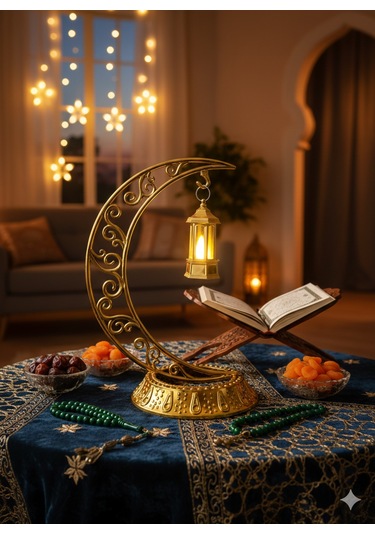 Dodomar 28 Cm Ramazan Dekoratif Masa Üstü Led Lamba Seti - Gold Hilal - Kancalı Diğer