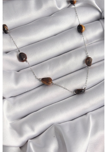 Gümüş Renk Zincir Kahverengi Doğaltaş Model Kadın Kolye - Ebj250113w30605 Bakır