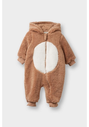 Defacto Erkek Bebek Yenidoğan Kapüşonlu Fermuarlı Uzun Kollu Pelüş Tulum D6028a525wnbn287 Kahve