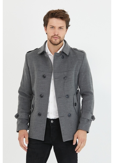 Mero Life Erkek Gri Kemerli Kaşe Kaban Trenç Model Gri
