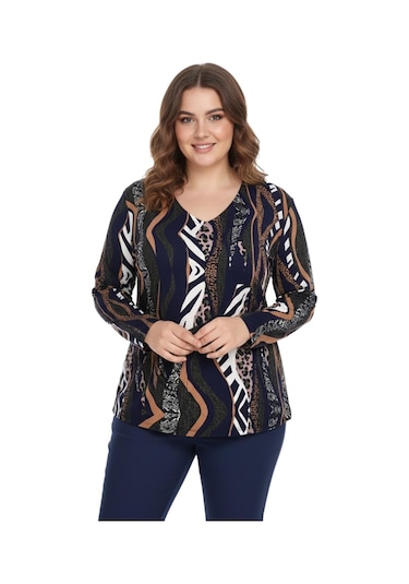 Linsolita Kadın V Yaka Modelli Baskılı Bluz Bgl-st05107 Lacıvert