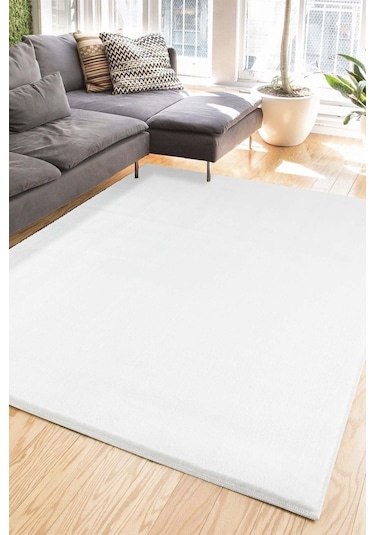 Tropikal Home Lüx Post Peluş Kesme Halı Yolluk Kaymaz Taban Yıkanabilir Pofuduk Beyaz Beyaz