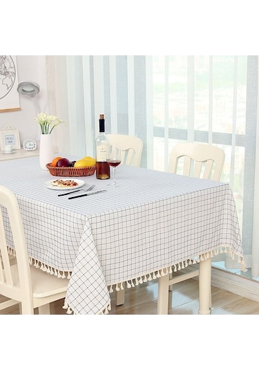 Bez Pamuk Yemek Masa Örtüsü Dekorasyon Bezi, Boyut: 140x220cm Bej Beyaz Izgara Çok Renkli Çok Renkli