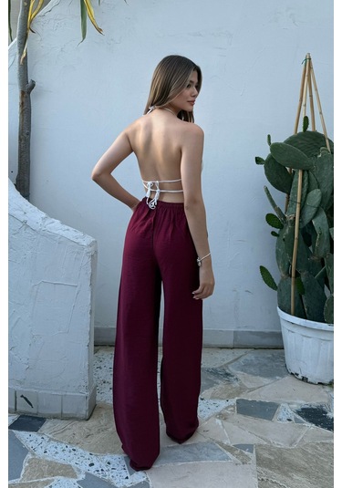 Pembe Keten Karışımlı Bol Kesim Pantolon Bordo