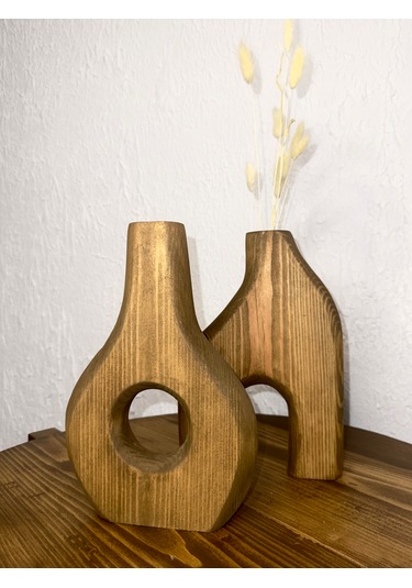O&a Wood Doğal Ahşap Dekoratif Ikili Takım Biblo Vazo Koyu Meşe