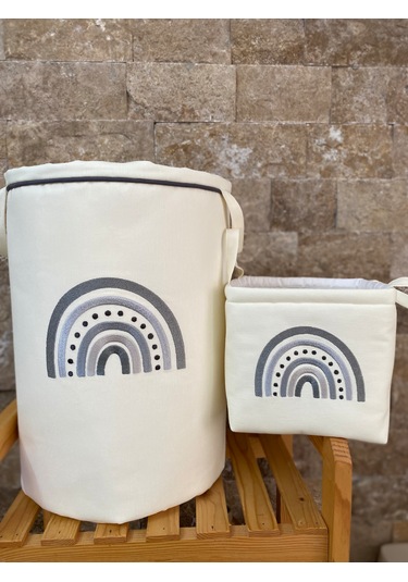 Hs Home Baby Gri Gökkuşağı Nakışlı Çamaşır & Oyuncak Sepet Seti