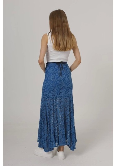 Bel Lastikli Dantel Etek - Mavi Mavi
