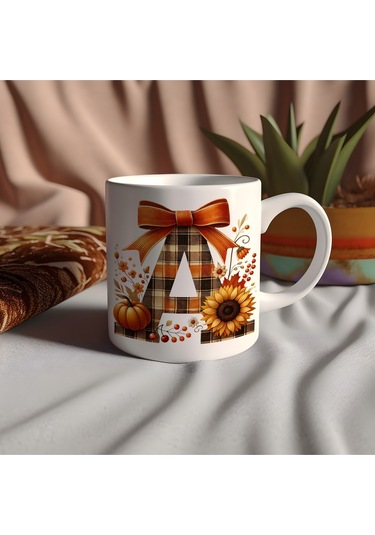 A Harfi Ekose Ve Sonbahar Temalı Kupa Bardak - Kişiye Özel Sıcak Tonlar Alfabe Kupa - Hediye Beyaz