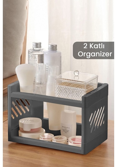 2 Katlı Banyo Düzenleme Organizeri Banyo Depolama Rafı - Kozmetik Standı Antrasit