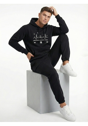 Nevermind Unisex Oversize Kalp Ritmi Baskılı Çift Hoodie Siyah