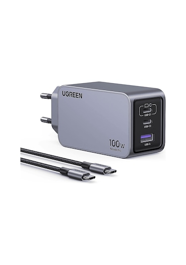 Ugreen Nexode Pro 100 W QC PD Type-C 2xUSB-C 1xUSB-A Gan Hızlı Şarj Cihazı Uzay Grisi