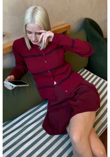 Madmext Bordo Çizgili Kadın Triko Hırka Mg2481 Bordo