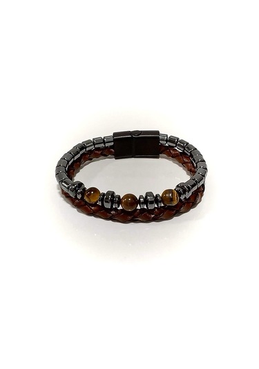 %100 Deri&hematit Kombin Kahve Erkek Bileklik Net 21cm Türk Malı Kahverengi - Siyah