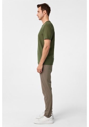 Haki Slim Fit Armürlü Bisiklet Yaka Tişört-37263 Haki