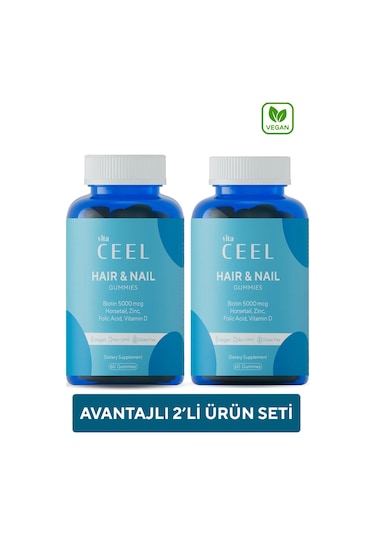 2'li Vegan Saç & Tırnak Vitamini, Biotin 5000, Çinko, Folik Asit, At Kuyruğu, Vitamin D