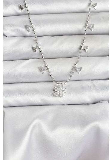 Pirinç Gümüş Renk Zirkon Taşlı Çiçek Model Kadın Kolye Renkli