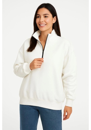 Üç İplik Dık Yaka Yarım Fermuarlı Sweatshirt - Beyaz -vlmr Beyaz