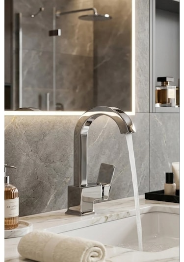 Kare Krom Lavabo Bataryası Tek Kollu Aç Kapa Musluk Modern Lüks Tasarım Profil Paslanmaz