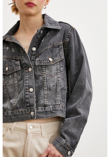 Never More Sırtı Nakışlı Kot Mont Antirasit Antrasit