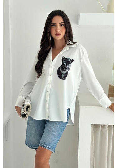 Jaguar Desen Baskılı Taşlı Gömlek Beyaz