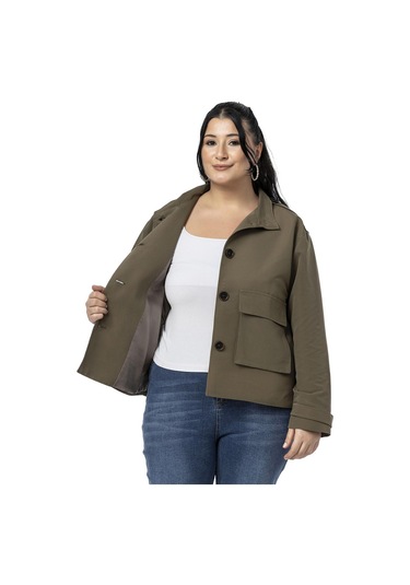 Büyük Beden Dik Yaka Kapaklı Torba Cepli Astarlı Kısa Haki Trençkot Haki