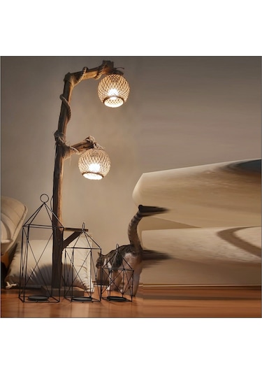 Uzun Ahşap Halatlı 2li Sarı Ledli Lambader Abajur Aplik