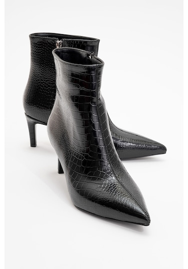 Noya Siyah Baskı Sivri Burun Kadın İnce Topuklu Bot Siyah Kroko