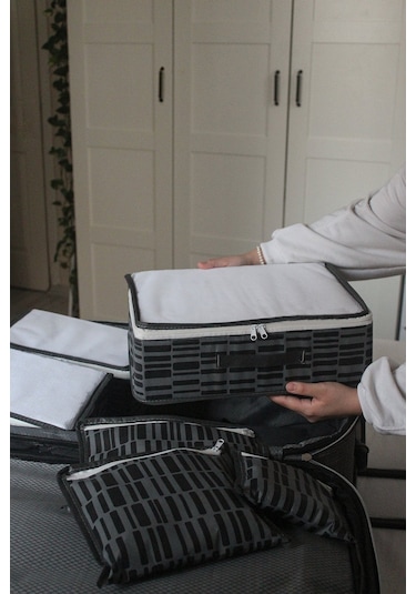 Adarya Home Zebra Desen Valiz Düzenleyici Bavul İçi Organizer Set 6'lı Antrasit