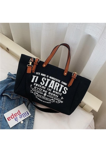 Beyaz Yogodlns Kadın Tote Çanta Moda Mektup Büyük Kapasiteli Kanvas Omuz Çantası Rahat Büyük Çanta Beyaz