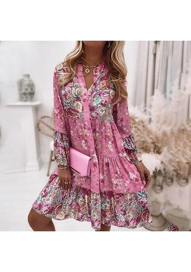 Novahub Kadın V Yaka Volan Baskılı Şifon Günlük Elbise Pembe - M Pembe