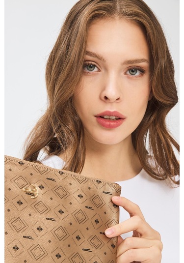Deri Company Kadın Basic Clutch Çanta Monogram Desenli Altın 214002 Altın