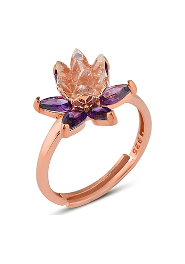 Zanaatsilver 925 Ayar Gümüş Rose Kaplama Ametist Taşlı Lotus Nilüfer Çiçeği Yüzük