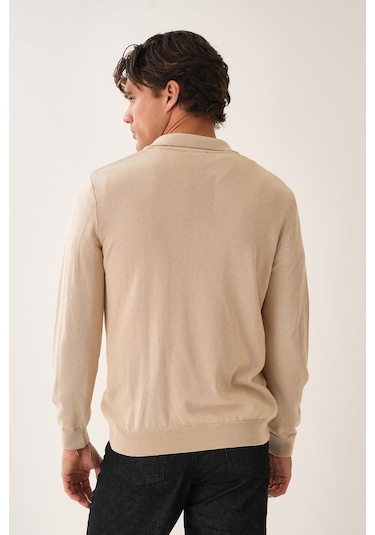 Fermuarlı Polo Yaka Kazak Taş