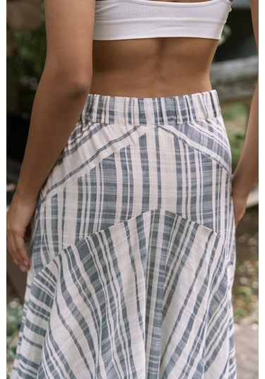 Peigi Çizgili Parçalı İndigo Midi Etek İndigo