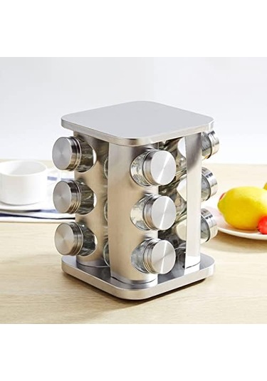 Döner Tezgah Üstü Baharatlık Rafı, 12 Adet Baharatlık Seti Gümüş