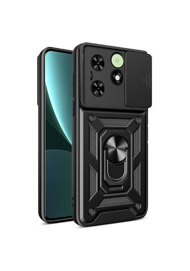 Teknodur Tecno Spark 20c Kılıf Magnetik Standlı Kamera Korumalı Sürgülü Vega Kapak - Siyah