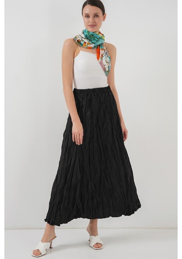 Kadın Uzun Kırışık Etek 8042 - Siyah Siyah
