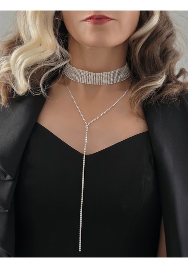 Gümüş Kaplama Rhinestone Y Model Su Yolu Model Kolye Gümüş