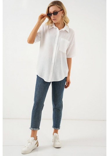 Gülsüm Aydın Kısa Kol Keten Görünümlü Gömlek 20336 - Beyaz Beyaz