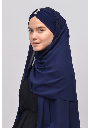 Altobeh Zarif Taşlı Drapeli Hazır Pratik Şifon Kadın Tesettür Şal - Lacivert