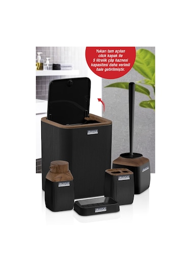 Okyanus Home Ahşap Desenli Çizgili 5'Li Banyo Seti - Siyah