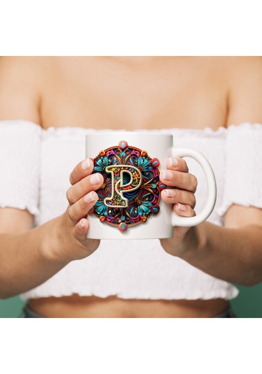 P Harfi Boho Bardak, Renkli Özel Tasarım Hediyelik Harfli Kupa, 330ml Porselen Beyaz