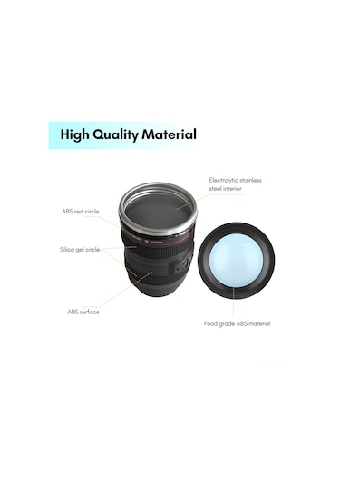 Yunboo Kameramanlar İçin 400ml Paslanmaz Çelik Termos Bardak, Kamera Lens Desenli, Dışarıdaki Kahvenizi Isıtık Tutar, Sızıntı Engeli Siyah Beyaz