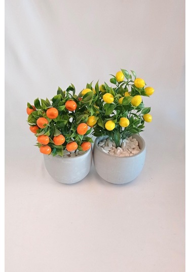 Yapay Ağaç Beton Saksıda Dekoratif Limon Ve Portakal Ağacı Tanzimi Turuncu-sarı-beyaz